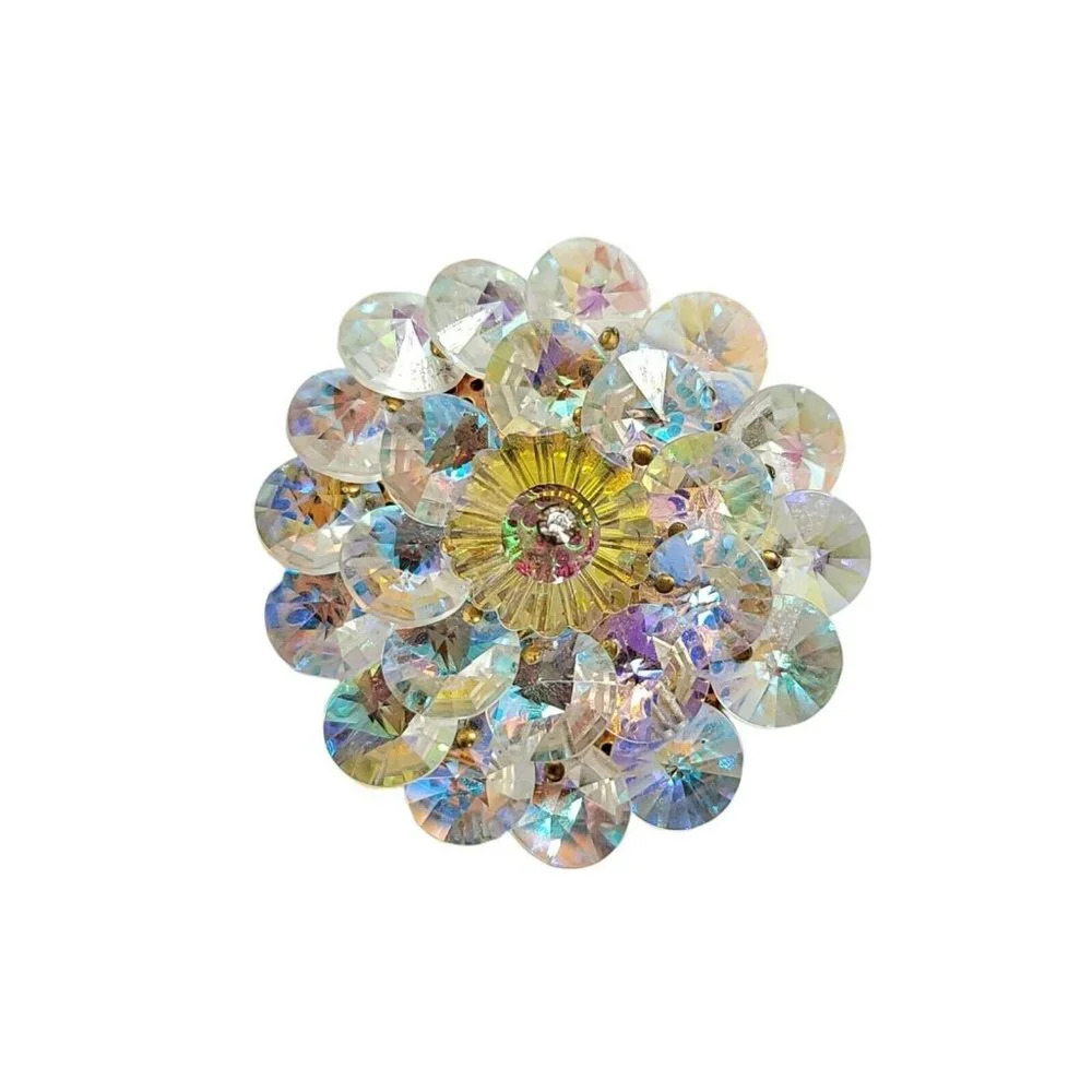 Vintage Estate Brooch Pin AB Rivoli Crystal Faceted Floral Round Layered 2"